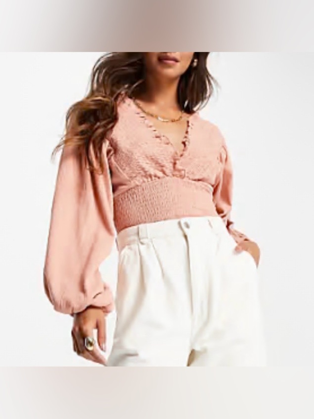 ASOS Design Mauve Pink Smocked V-Neck Balloon Sleeve Crop Top Cotton & Linen